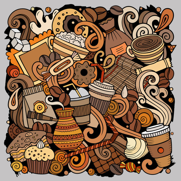 Мультяшні каракулі Кав'ярня ілюстрація. Яскраві кольори Кафе кумедна картина
 - Фото, зображення