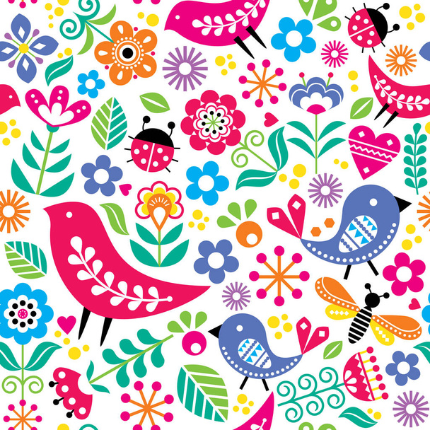 Scandinavian folk art vector seamless pattern with birds, flowers, spirng happy textile design inspired by traditional embroidery from Sweden, Norway and Denmark - Wektor, obraz