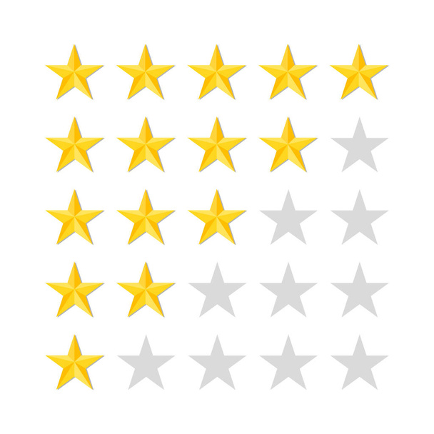 Five rating stars on white background. Top mark of quality or success. High or bad statistics. Gold stars in row for media interface, classification systems. 5 icons of likes. Rank bar in flat. Vector - Vektor, Bild