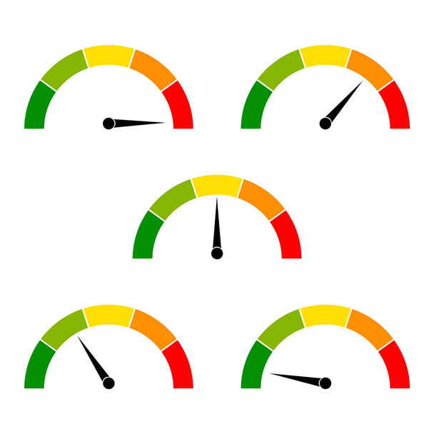 Ikony prędkościomierza ze strzałkami. Deska rozdzielcza z zielonymi, żółtymi, czerwonymi wskaźnikami. Elementy pomiarowe tachometru. Niski, średni, wysoki i poziom ryzyka. Skala punktów prędkości, wydajności i mocy znamionowej. Wektor - Wektor, obraz