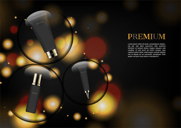 Három kozmetikai termékek úszó buborékok izzó fény labda háttér - Vektor, kép