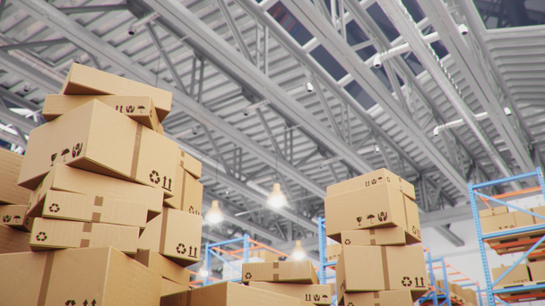 Cardboard boxes in middle of the warehouse, logistic center. Huge modern warehouse. Warehouse filled with cardboard boxes on shelves, boxes stand on pallets. Transportation system. 3D Illustration - Foto, immagini