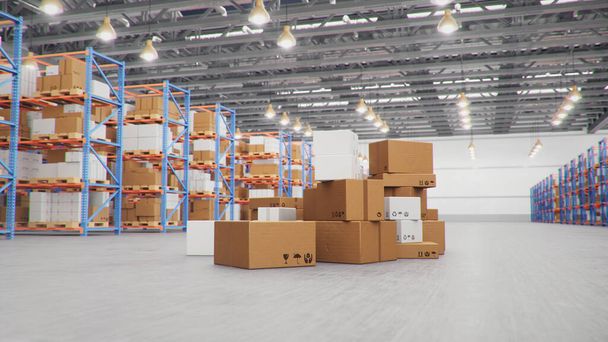 3D Illustration packages delivery, parcels transportation system concept, heap of cardboard boxes in middle of the warehouse. Warehouse with cardboard boxes inside on pallets racks. Huge warehouse - Photo, Image