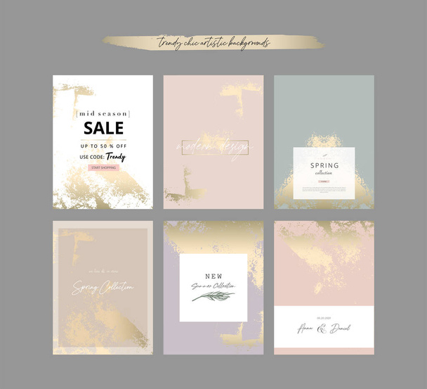 Chic nude pastel color decorative card templates with gold foil decorations - Vector, Image