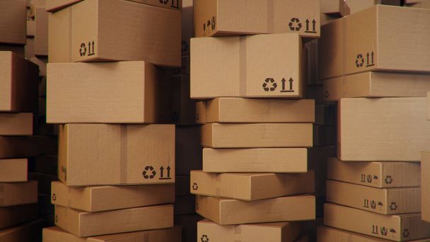 3D illustration background of cardboard boxes. Heap of cardboard boxes for the delivery of goods, parcels. Warehouse filled with boxes. Packages delivery, parcels transportation system concept - 写真・画像
