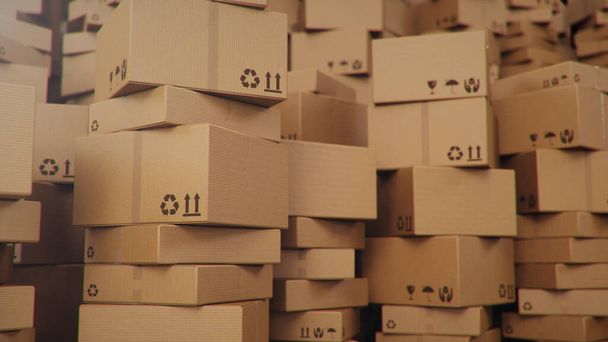 3D illustration background of cardboard boxes. Heap of cardboard boxes for the delivery of goods, parcels. Warehouse filled with boxes. Packages delivery, parcels transportation system concept - Photo, Image
