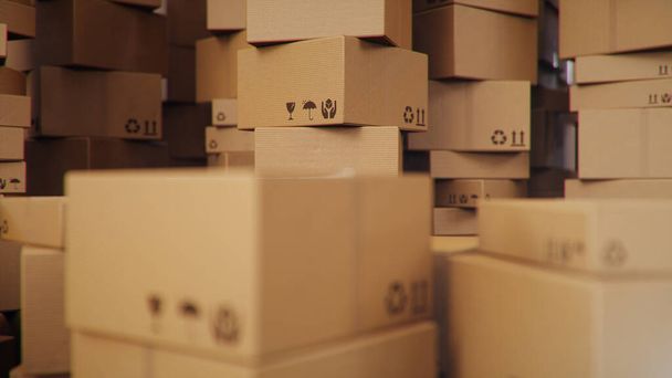 Background of cardboard boxes inside warehouse, logistic center. Warehouse filled with cardboard boxes. Mess in the warehouse. 3D illustration - 写真・画像
