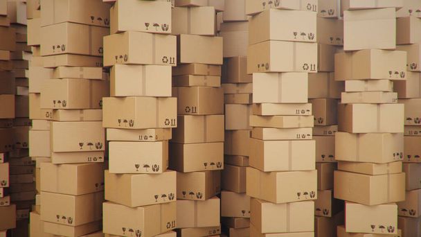 Arrière-plan de boîtes en carton à l'intérieur de l'entrepôt, centre logistique. Entrepôt rempli de boîtes en carton. Désordre dans l'entrepôt. Illustration 3D
 - Photo, image