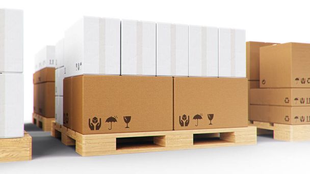Boîtes en carton sur palettes en bois isolées sur fond blanc. Boîtes en carton pour la livraison de marchandises. Livraison de colis, concept de système de transport de colis. Illustration 3D
 - Photo, image