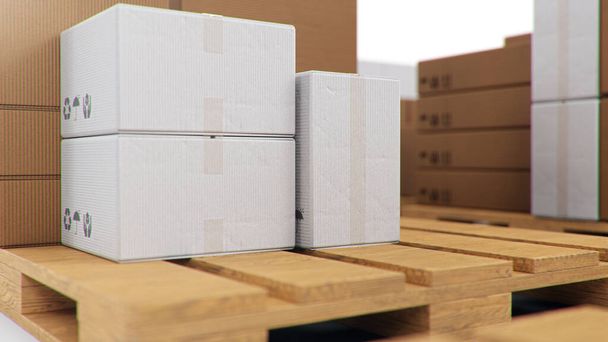 3D ilustrační lepenkové krabice na dřevěných paletách izolovaných na bílém pozadí. Lepenkové krabice pro dodávky zboží. Dodávka balíků, koncepce přepravního systému balíků - Fotografie, Obrázek