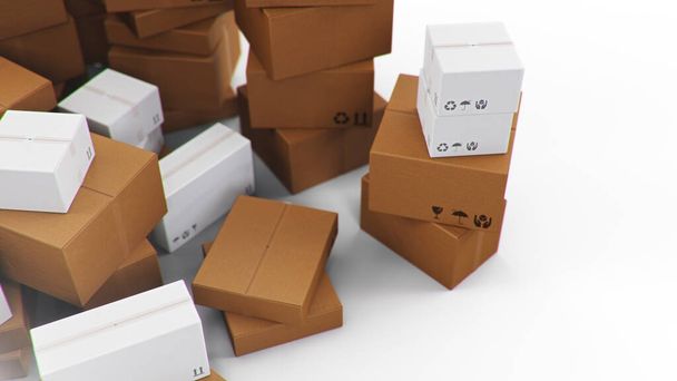 Pile, heap of cardboard boxes isolated on a white background. Cardboard boxes for the delivery of goods. Packages delivery, parcels transportation system concept. 3D illustration - Fotó, kép