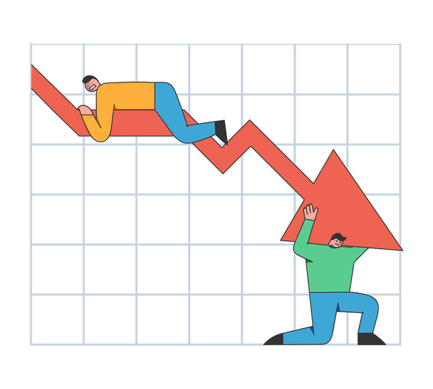 Business Achievement, Sales Down And Bankruptcy Concept. Stressed Business People Are Trying to Fix The Financial Situation, Holding Falling Down Chart.Cartoon Outline Linear Flat Vector Illustration - Vector, Image