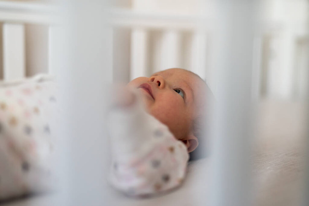 Lovely newborn baby girl in bed, view through crib bars - Zdjęcie, obraz