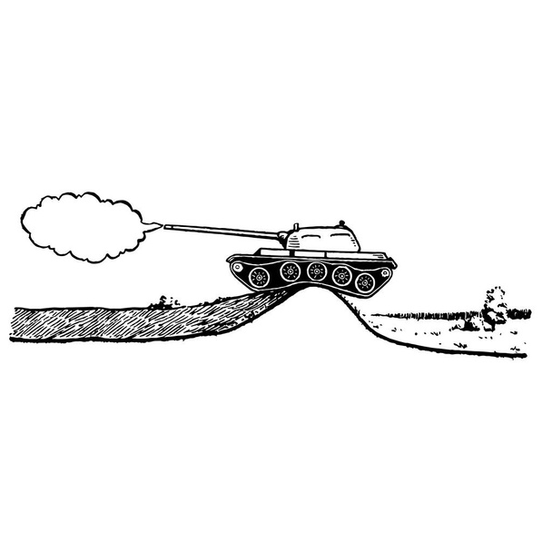 Schwarze, handgezeichnete Vektor-Illustration eines Panzers schießt mit Rauch isoliert auf weißem Hintergrund - Vektor, Bild