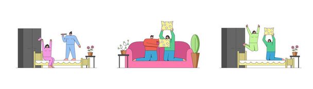 人々の娯楽の概念。人々は家で時間を費やしています。若いカップルはソファで枕バトルをしていて、女の子はパジャマパーティーをしています。漫画のセット概要｜線形フラットベクトルイラスト - ベクター画像