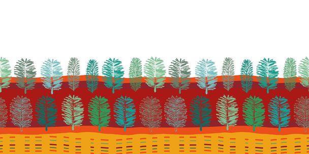Foresta a mezzogiorno Border-Virgin Forest modello ripetizione senza soluzione di continuità Modello di confine di linee moderne di felce in rosso verde benzina blu, giallo e arancio. Perfetto per tessuto, album, carta da parati
. - Vettoriali, immagini