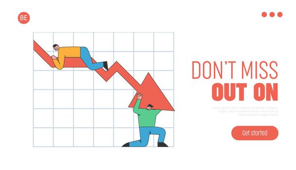 Sales Down And Bankruptcy Concept. Website Landing Page. Stressed People Are Trying to Fix The Financial Situation, Holding Falling Down Chart.Web Page Cartoon Outline Linear Flat Vector Illustration - Vector, Image