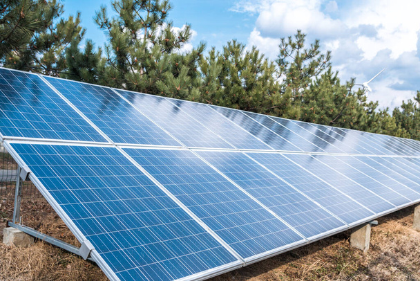 painel solar sobre um céu azul e árvores verdes. produção ecológica de energia alternativa
. - Foto, Imagem