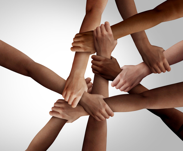 Zakelijke diversiteit en teamwork als een groep van diverse mensen die de armen vasthouden als een multiraciale samenleving en het bedrijfsleven multiculturele gemeenschap aangesloten en verenigd team building als een samen en saamhorigheid concept. - Foto, afbeelding