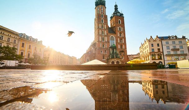 Bazilika sv. Marie na Krakovském hlavním náměstí (Rynek Glowny) při východu slunce, Polsko - Fotografie, Obrázek