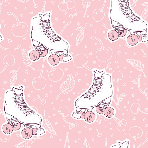 Vector Vintage Pink Roller Skates with Cherry Doodles seamless pattern background. - Διάνυσμα, εικόνα