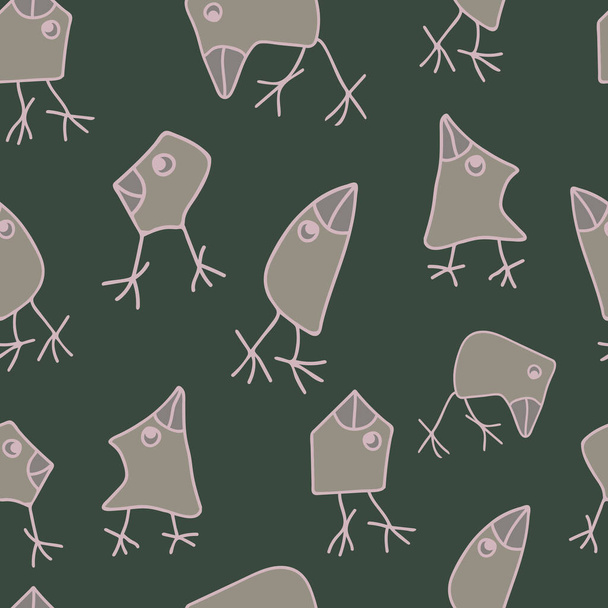 Bezproblémový vektorový vzor s kreslenými šedými ptáky na zeleném pozadí. Ručně utopit legrační pták tapety design. - Vektor, obrázek