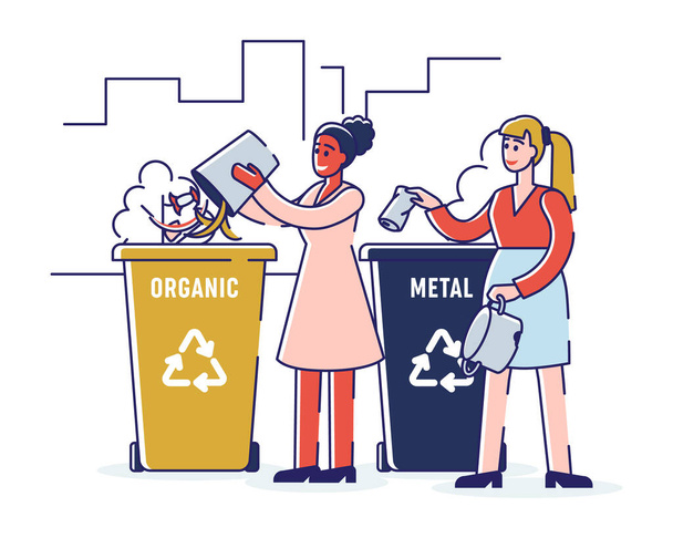Geri dönüşüm ve sıfır atık kavramı. Kızlar organik ve metal çöpleri ayırıyor çöpleri uygun geri dönüşüm kutularına atıyorlar. Çizgi film Ana Hattı Düz Vektör İllüstrasyonu - Vektör, Görsel
