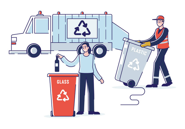 Koncepcja recyklingu i zero odpadów. Kobieta sortuje śmieci wyrzucając butelkę do pojemnika na śmieci. Odmawiam załadunku odpadów do śmieciarki. Kreskówka zarys płaski wektor ilustracji - Wektor, obraz