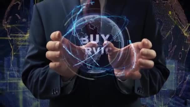 Male hands activate hologram Buy service - Záběry, video