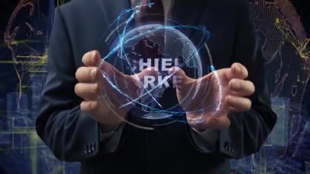 Male hands activate hologram Chief market - Πλάνα, βίντεο