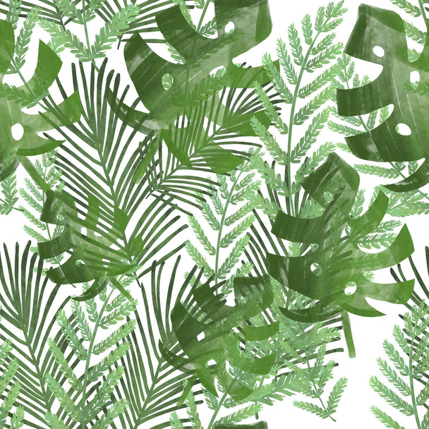 Nahtloses Muster mit tropischen grünen Blättern auf weißem Hintergrund. Farn, Monstera, Palmblätter. Dschungelmuster. Druck, Verpackung, Tapeten, Textilien, Stoffdesign - Foto, Bild
