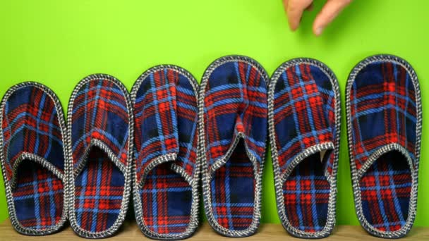Human hand takes pair of checkered indoor slippers from a row of slippers, that stand against a green wall. Medium plan. - Footage, Video