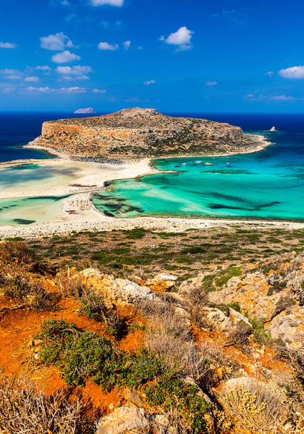 Amazing beach with turquoise water at Balos Lagoon and Gramvousa in Crete, Greece. Cap tigani in the center. Balos beach on Crete island, Greece. Landscape of Balos beach at Crete island in Greece. - Zdjęcie, obraz