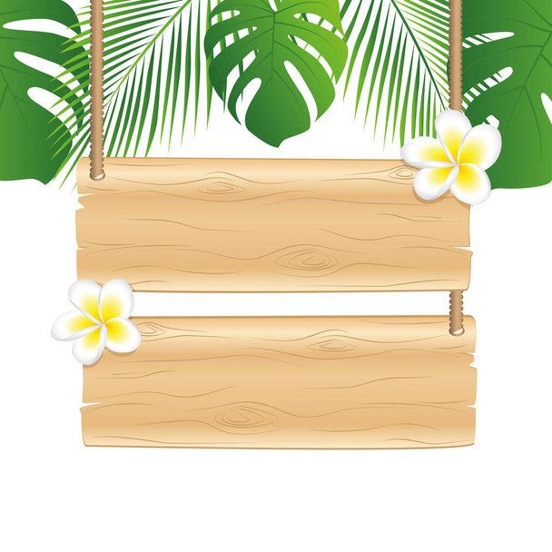 пустой деревянный висячий знак с цветком франджипани под пальмовыми листьями тропического дизайна
 - Вектор,изображение