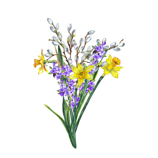 Floral bouquet of blooming fresh realistic spring flowers. Yellow narcissuses, lilac and willow branches. Festive spring decoration. Watercolor hand painted isolated elements on white background. - Zdjęcie, obraz