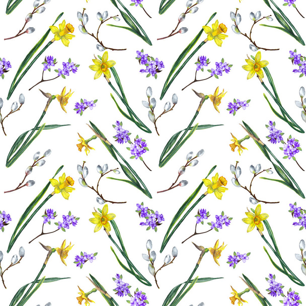 Floral seamless pattern of fresh realistic spring flowers. Yellow narcissuses, lilac and willow branches. Festive spring decoration. Watercolor hand painted isolated elements on white background. - Φωτογραφία, εικόνα