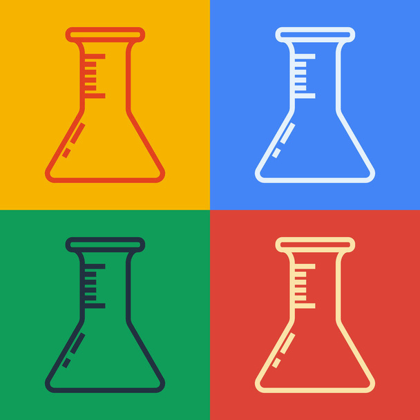 Pop-Art-Linie Reagenzglas und Kolbensymbol isoliert auf farbigem Hintergrund. Chemische Laboruntersuchung. Laborgläser. Vektorillustration - Vektor, Bild