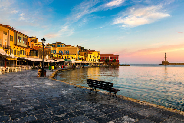 Picturesque old port of Chania. Landmarks of Crete island. Greece. Bay of Chania at sunny summer day, Crete Greece. View of the old port of Chania, Crete, Greece. The port of chania, or Hania.  - Photo, Image