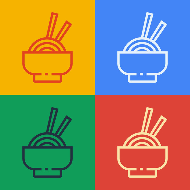 Pop art line Fideos asiáticos en tazón y palillos icono aislado en el fondo de color. Comida rápida callejera. Coreano, japonés, comida china. Ilustración vectorial
 - Vector, imagen