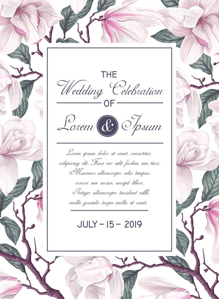 Botanische Hochzeitseinladungskarte. Schablonendesign mit rosa Magnolienblüten und Blütenblättern. Hochdetaillierte Vektor-Frühlingsblumen. Es kann als Banner für saisonale Rabatte verwendet werden, posten in sozialen Netzwerken - Vektor, Bild