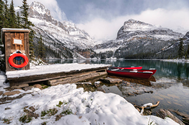 Сцени озера О'хара з червоним каное в дерев'яному док взимку в національному парку Йохо, Канада. - Фото, зображення