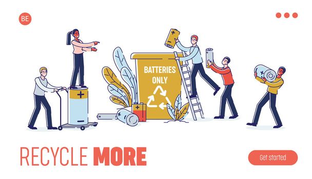 Используемые батареи Recycling Concept.Website посадочные страницы.Крошечные люди практикуют сортировку отходов, бросая использованные батареи в мусорный контейнер. Карикатура на веб-странице Линейный контур Плоский вектор рисунка
 - Вектор,изображение