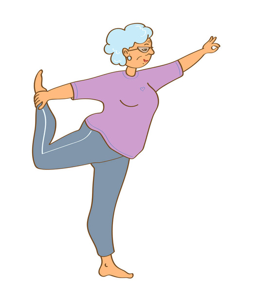 Oude vrolijke grijs-harige vrouw staan in Natarajasana oefening vector illustratie - Vector, afbeelding