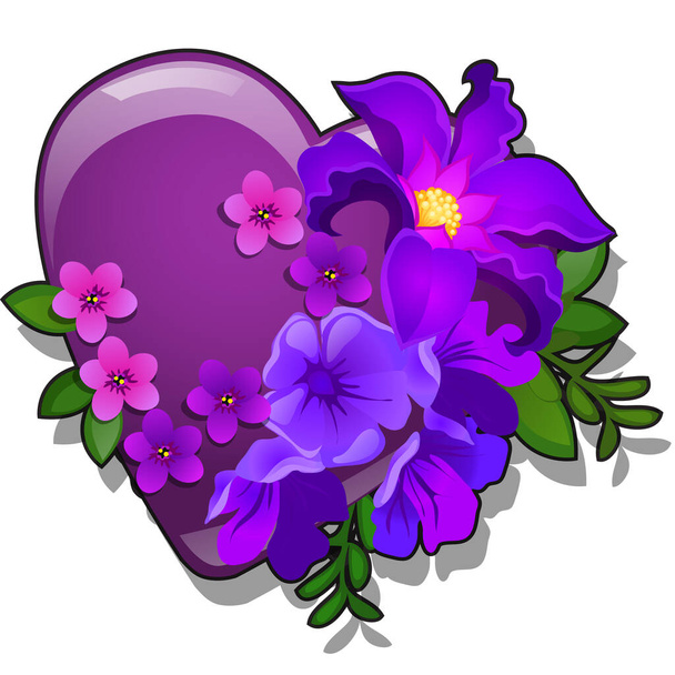 Decor form of heart purple color decorated with fresh flower buds isolated on white background. Vector cartoon close-up illustration. - Vector, imagen