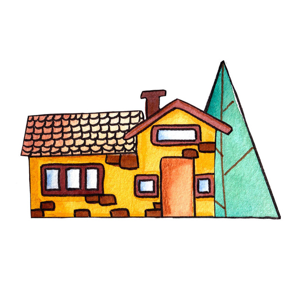 κίτρινο πολύχρωμο σπίτι και πεύκο, ακουαρέλα εικονογράφηση - Φωτογραφία, εικόνα