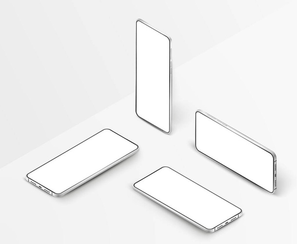 Σύνολο από λευκά ρεαλιστικά ισομετρικά smartphones. 3d κινητά τηλέφωνα με λευκή οθόνη. Μοντέρνο πρότυπο κινητών τηλεφώνων σε λευκό φόντο. Κινητά τηλέφωνα σε διαφορετικές οπτικές γωνίες - Διάνυσμα, εικόνα