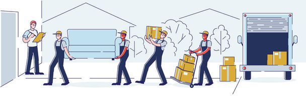 Relocation, Professional Delivery Company Loader Service and Moving to New House Concept. Workers Carry Cardboard Boxes and Furniture Using Trolley and Truck Cartoon Flat Vector Illustration, Line Art - Vector, Image