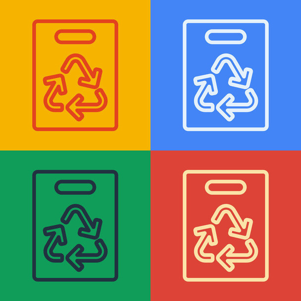Pop art line Papír bevásárló táska újrahasznosítás ikon elszigetelt színes háttér. Újrahasznosító szimbólummal ellátott zsák. Vektorillusztráció - Vektor, kép