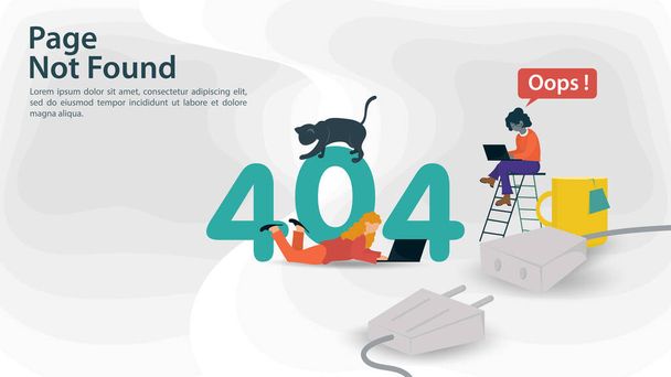 Banner Oops, 404 error, page not found, Internet connection problems, two little woman with a laptop trying to go online, for websites and mobile apps, Flat vector illustration
 - Вектор,изображение