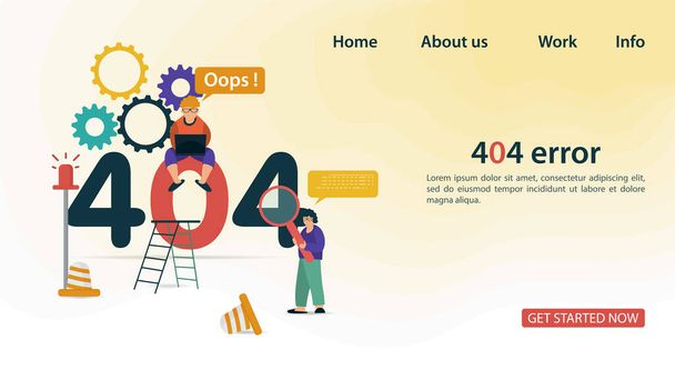 İllülasyon, Oops, 404 hata sayfası bulunamadı, internet bağlantısı sorunları, dizüstü bilgisayar kullanan küçük insanlar ve tamir etmeye çalışan büyüteç, düz vektör çizimi - Vektör, Görsel